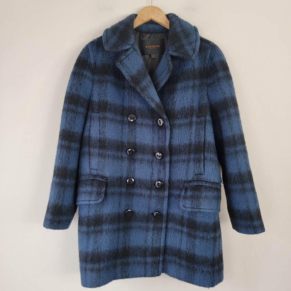 COACH Plaid Peacoat Black Blue Lined Acrylic Wool Alpaca Size M Double Breasted